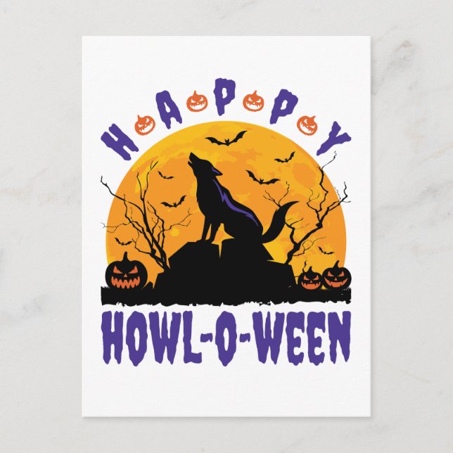 Carte Postale Happy Howl O Ween Halloween Howling Wolf Dog (Devant)