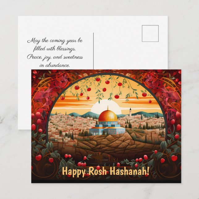 Carte Postale Happy Rosh Hashanah avec Dome of Rock & Apple (Devant / Derrière)