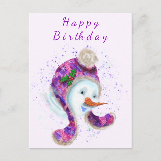 Carte Postale Happy Snowman Dans Purple Rose Beanie Hiver Casque (Devant)