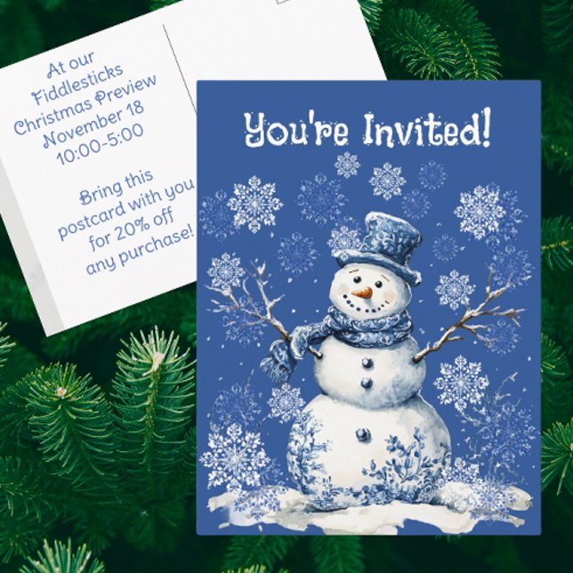 Carte Postale Happy Snowman Snowflakes Blue White Business (Personalized Business Post card. Bring customers to your store!)