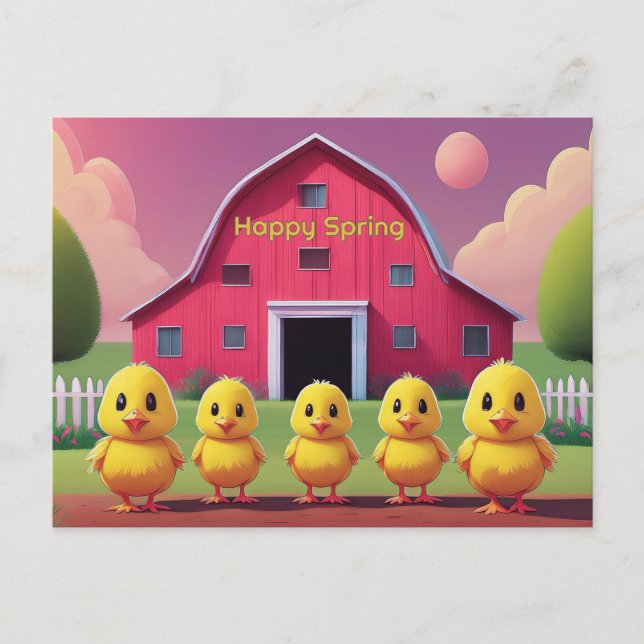 Carte Postale Happy Spring Five Yellow Chicks in Barnyard (Devant)