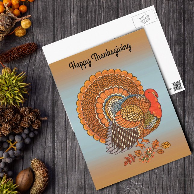 Carte Postale  Happy Thanksgiving Male Turkey Fanned Tail Orange (Male turkey orange browns in Autumn leaves fanned tail orange blue Thanksgiving postcard.)