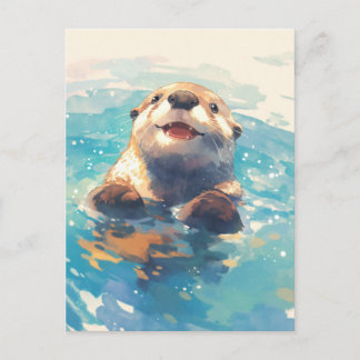 Carte Postale Happy Watercolor Otter Swimming