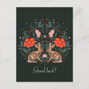 Carte Postale Hares avec fleurs et motifs nordiques
