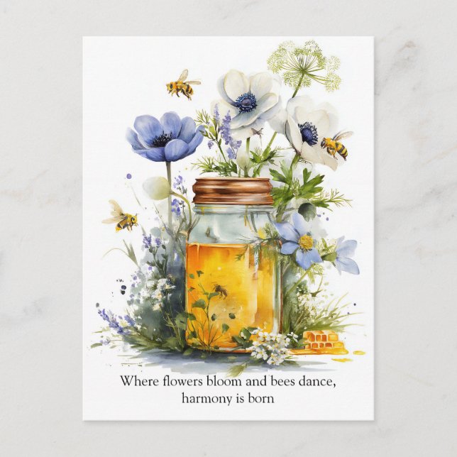 Carte Postale Harmonie Dorée Miel, Fleurs et Abeilles (Devant)
