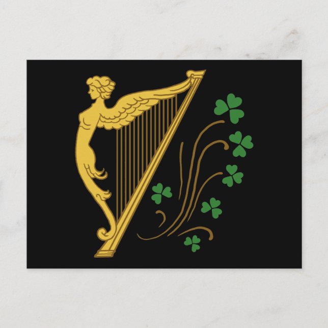 Carte Postale Harpe d'or St Patrick's Day et Shamrock (Devant)
