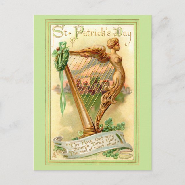 Carte Postale Harpe irlandais vintage et Shamrock (Devant)