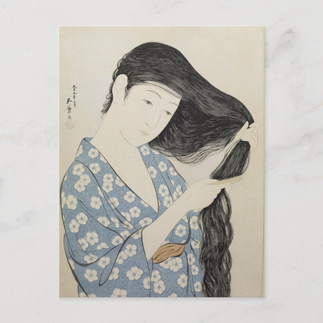 Carte Postale Hashiguchi Goyo - femme dans le bleu se peignant (Devant)