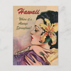 Carte Postale Hawaï, femme avec une grande fleur tropicale dans 