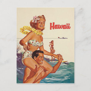 Carte Postale Hawaii, couple de surf heureux, voyage vintage