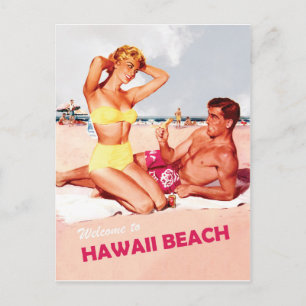 Carte Postale Hawaii, couple heureux de surf, voyage vintage