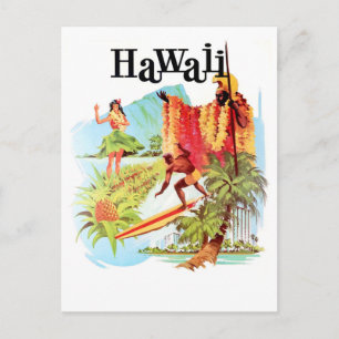 Carte Postale Hawaii, fille de hula et autochtones vous souhaite