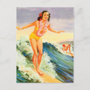 Carte Postale Hawaii, fille surfeuse hawaïenne sur une grosse va