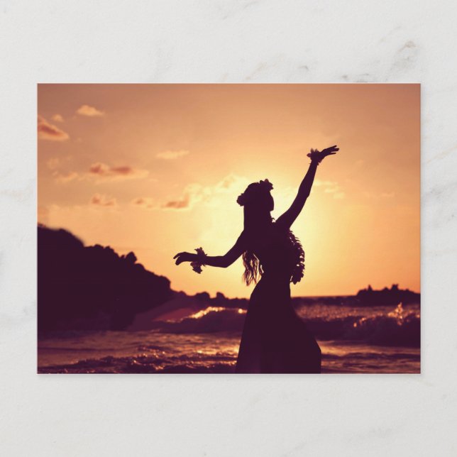 Carte Postale Hawaii, hula fille silhouette au coucher du soleil (Devant)