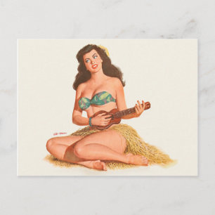 Carte Postale Hawaii pin-up fille joue petite guitare, peinture,