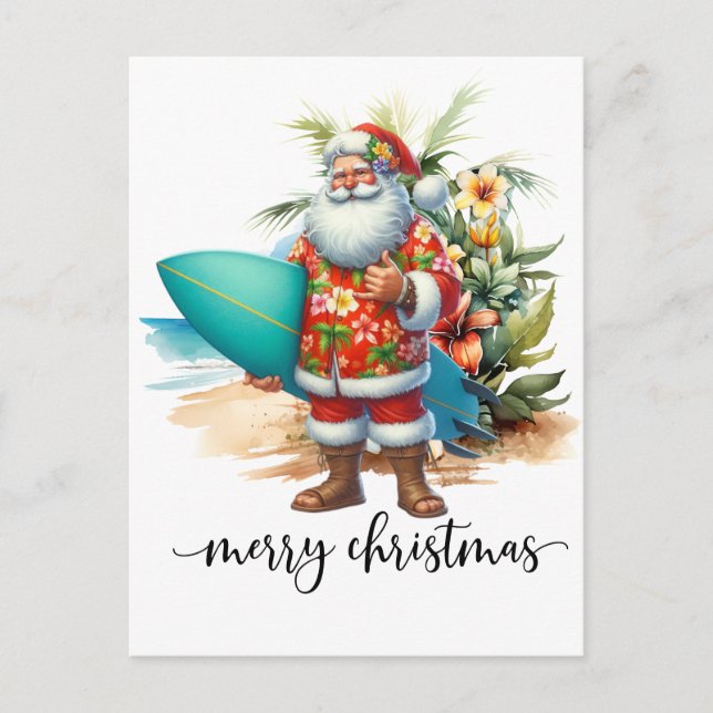 Carte Postale Hawaii Santa Claus is holding surf board Christmas (Devant)