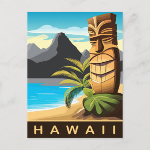 Carte Postale Hawaii, Statue Tiki sur la plage, Voyage