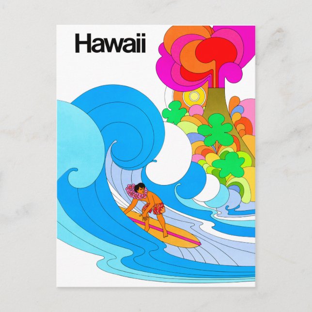 Carte Postale Hawaii, Surf sur une grosse vague, illustration de (Devant)