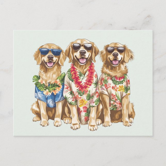 Carte Postale Hawaiian Golden Retriever Chiens Flower Lei (Devant)