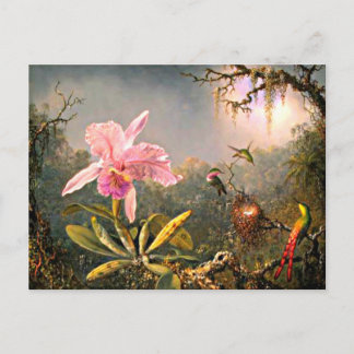 Carte Postale Heade - Orchidée Cattleya et trois colibris
