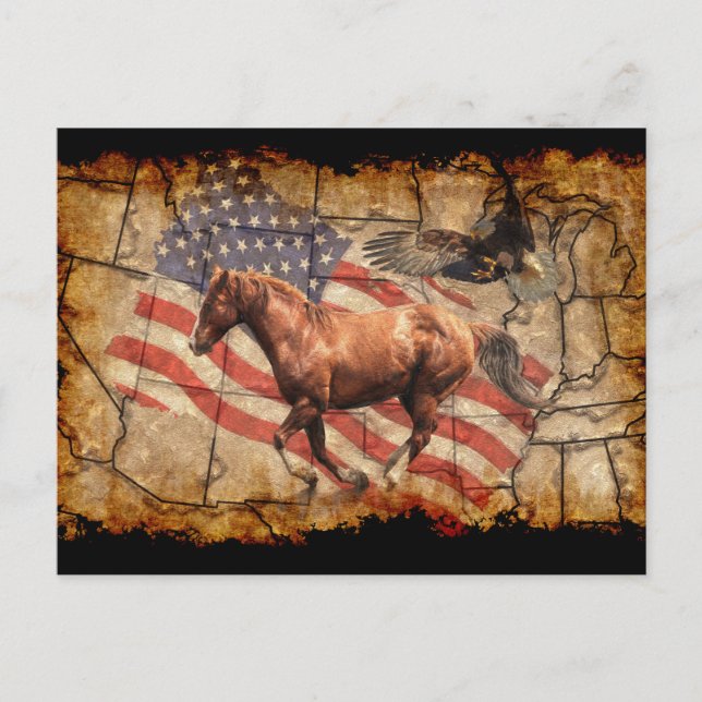 Carte Postale "Heading West" Horse, Eagle and US Flag (Devant)