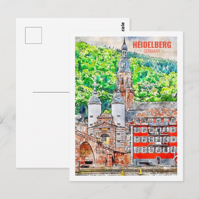 Carte Postale Heidelberg Allemagne Fameux Voyage Aquarelle croqu (Devant / Derrière)