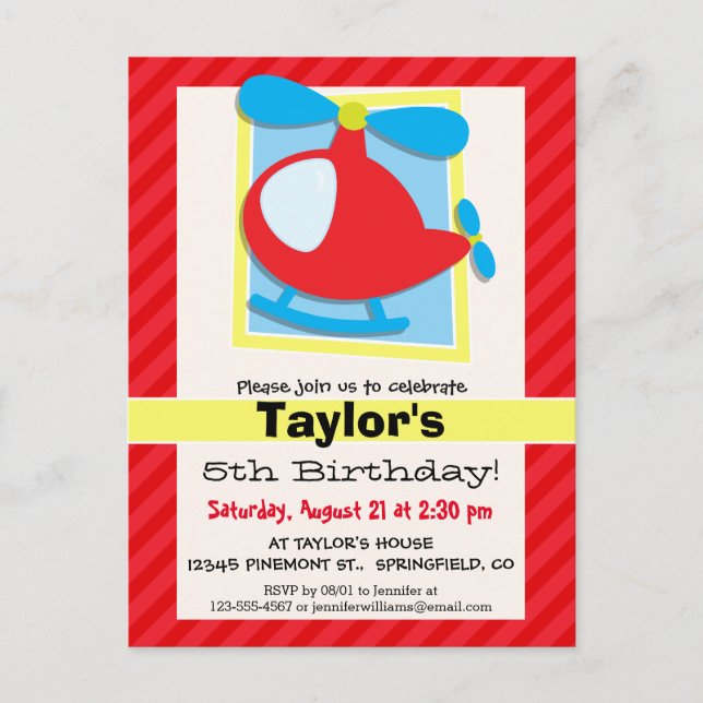 Carte Postale Hélicoptère pour enfant; rayures rouges écarlate (Devant)