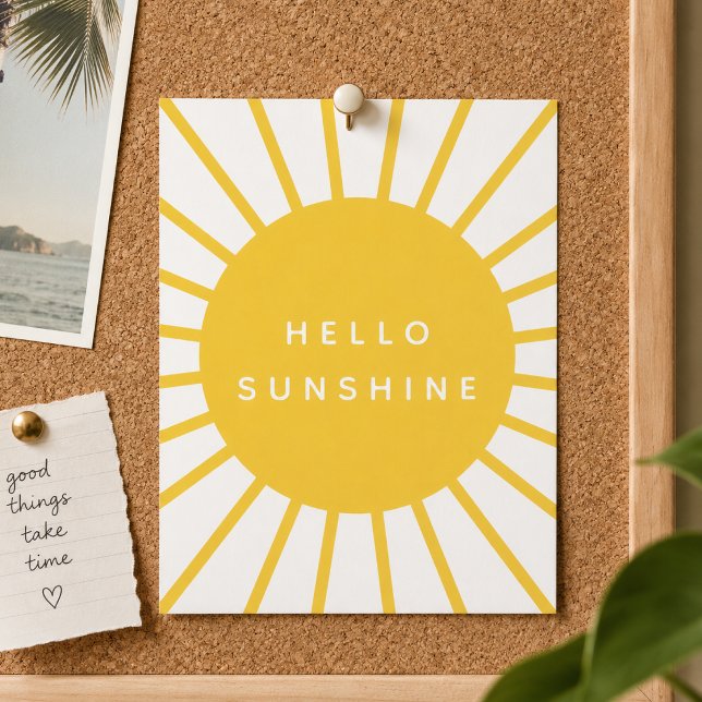 Carte postale Hello Sunshine | Note positive en so (Hello Sunshine postcard with bold yellow sunburst artwork for happy mail and cheerful decor.)