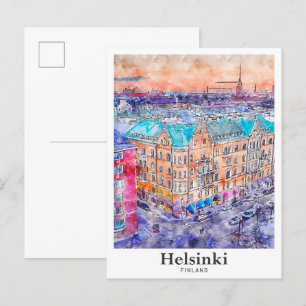 Carte Postale Helsinki Finlande Aquarelle Voyage Main tirée
