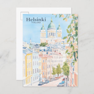 Carte Postale Helsinki Finlande Gouache Peinture Illustration Vo
