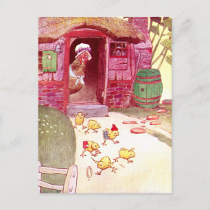 Carte Postale Hen à Pink House regarder les poussins