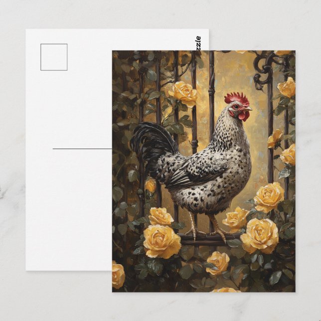 Carte Postale Hen moucheté avec peinture à l'huile de rose jaune (Devant / Derrière)