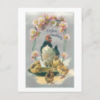 Hen vintage de Pâques, poules et marguerites