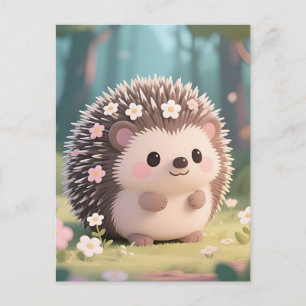 Carte Postale Hérisson adorable avec fleurs Forêt Kawaii