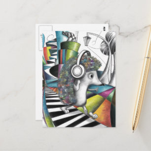 Carte Postale hérisson coloré surréaliste écoute de la musique
