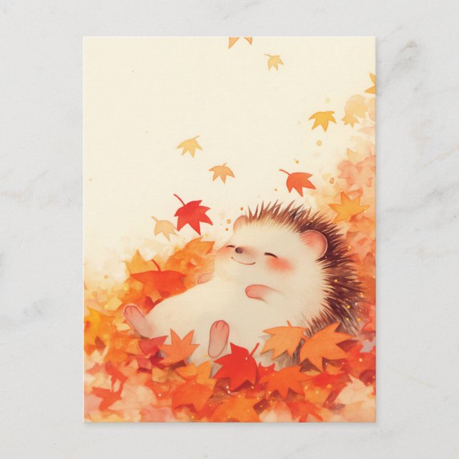 Carte Postale Hérisson couché dans les feuilles d'érable en auto (Devant)