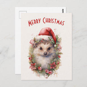 Carte Postale Hérisson dans un chapeau de Noël Rouge Poinsettia