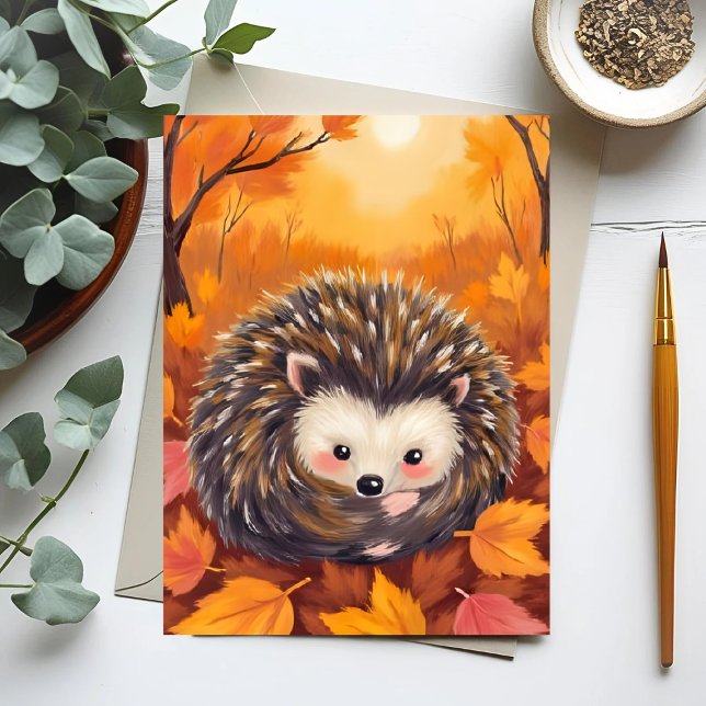 Carte Postale Hérisson d'automne | Peinture aquarelle d'animal (Créateur téléchargé)