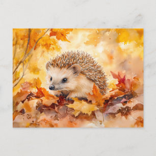 Carte Postale Hérisson en automne feuilles aquarelle peinture