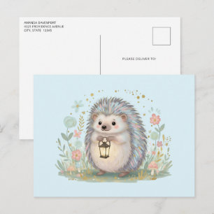 Carte Postale Hérisson mignon avec lanterne