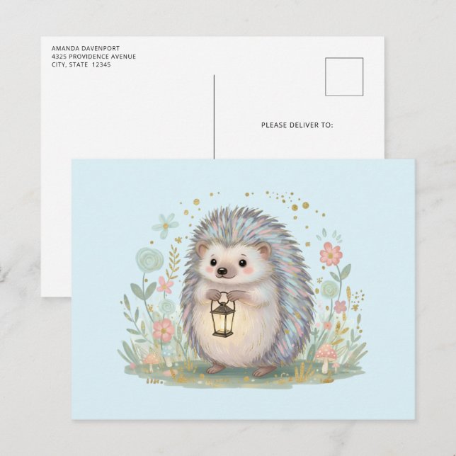 Carte Postale Hérisson mignon avec lanterne (Devant / Derrière)