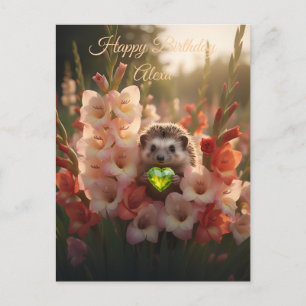 Carte Postale Hérisson mignon d'août avec cœur de péridot