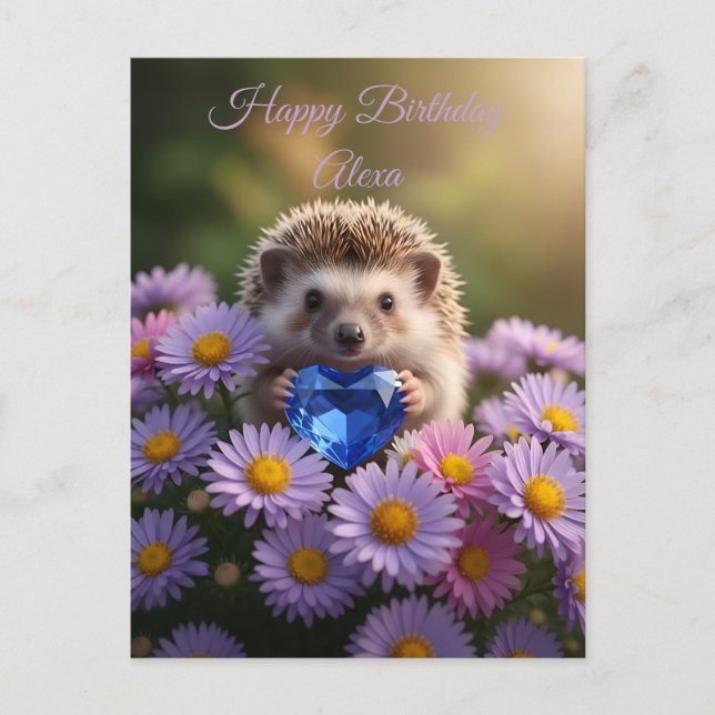 Carte Postale Hérisson mignon de septembre avec cœur de saphir (Devant)