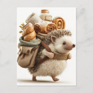 Carte Postale Hérisson portant un sac à dos rempli de pâtisserie