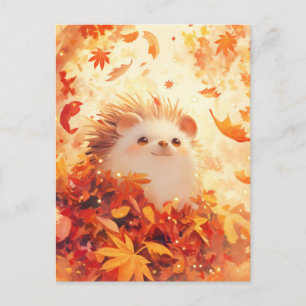 Carte Postale Hérisson regardant à travers une feuille d'érable 