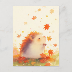 Carte Postale Hérisson regardant tomber une feuille d'érable en