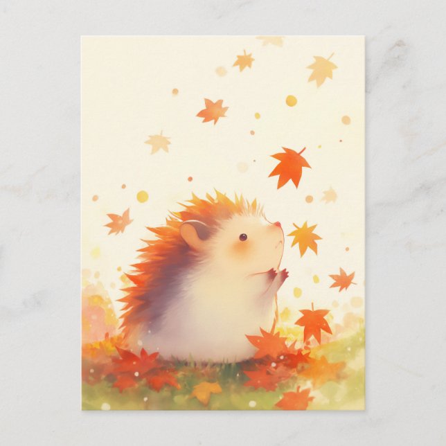 Carte Postale Hérisson regardant tomber une feuille d'érable en  (Devant)