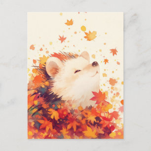 Carte Postale Hérisson Sourire dans Feuille d'Érable d'Automne