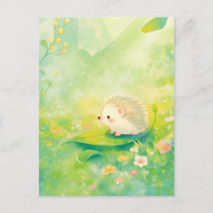 Carte Postale Hérisson sur feuille verte dans une prairie printa