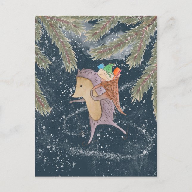 Carte Postale Hérisson sur skis. Panier avec cadeau sur l'épaule (Devant)